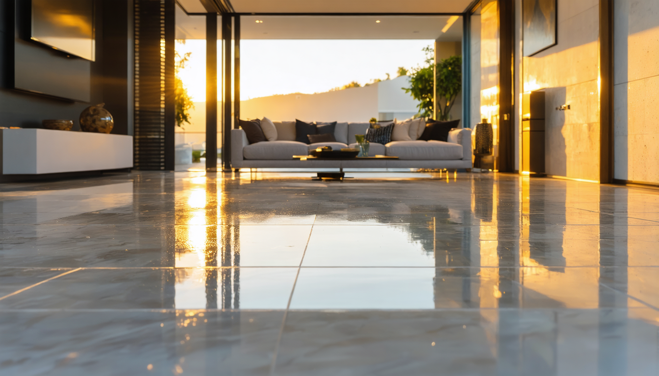 Gleaming tile floor reflecting overhead light after a professional deep clean