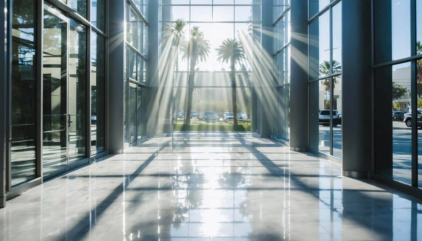 Streak-free floor-to-ceiling windows with bright Southern California sunlight pouring through