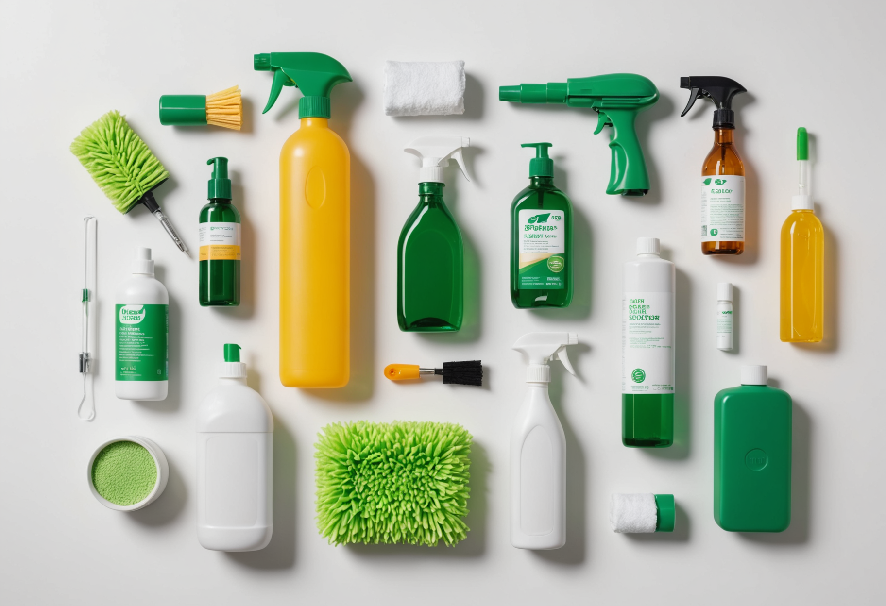 Cleaning supplies and equipment neatly arranged on a bright white surface